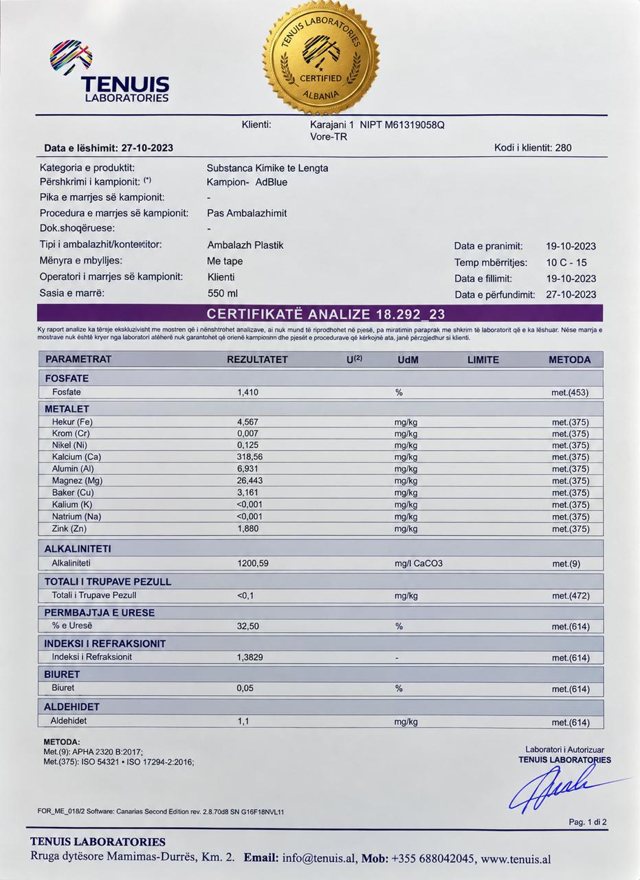 Tenuis Laboratories analysis certificate 18.292_23 for Karajani 1